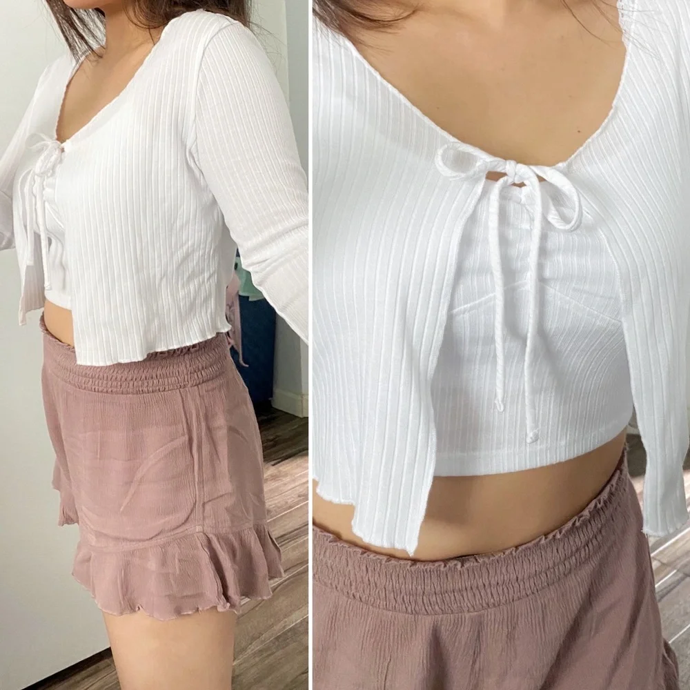 Mixed Threads (juniors) ribbed long sleeve cardi + cropped cami coord set, white - Picture 11 of 11